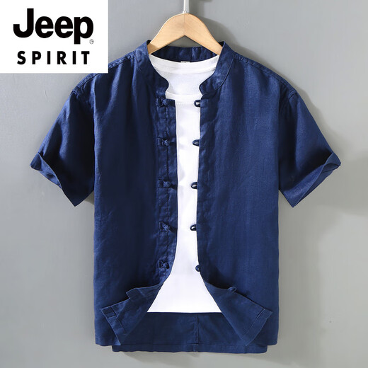 JEEP SPIRIT复古中国风夏季亚麻上衣唐装男立领薄款短袖棉麻衬衫中式盘扣衬衣 1047白色 M