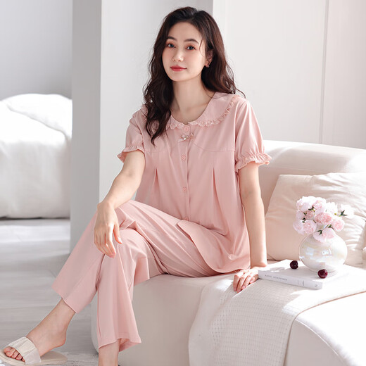 Yalu Brust Pad Pyjamas für Frauen im Sommer coole Xinjiang-Baumwoll-Kurzärmel-Hosen können mit integriertem Anti-Concave Point-Kleidungsbezug Z694 Shrimp Pulver Brust Pad M Empfohlen 80-105 Jin [Jin gleich 0,5 kg]