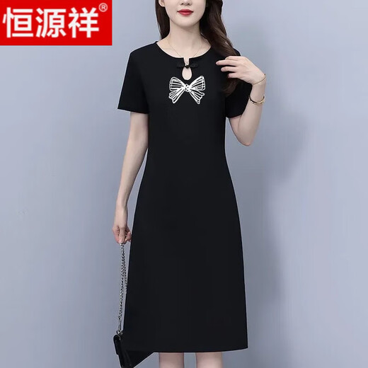 恒源祥纯棉中国风休闲连衣裙女2024夏季新款宽松显瘦气质过膝T恤裙 黑色(线条蝴蝶结) S 85斤-95斤