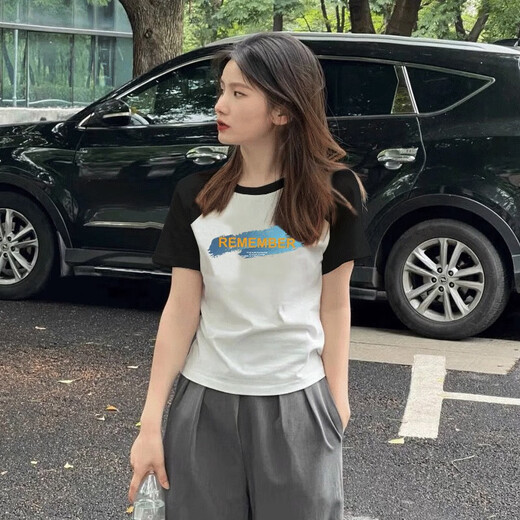 GTYUWVG时尚小个子女士纯棉短袖t恤女2025年新款夏季正肩拼色体恤上衣服 6227白色/黑色插肩款短袖 S