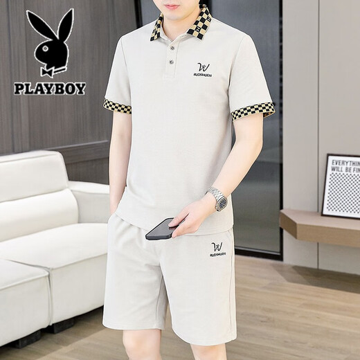 Playboy (Playboy) Casual Short Sleeve Shorts Anzug für Männer 2025 Sommer Trendy Stickerei Mode zweiteilig für Männer Sommer Running Short Sleeves Black 9902 m [Vorgeschlagen 95-110jin [Jin gleich 0,5 kg]]