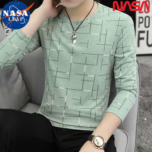 NASA LEAP中国风长袖T恤男士春秋冰丝棉圆领打底衫潮秋衣休闲修身青年简约 白色横条款长袖1518 均码 M80-100斤穿