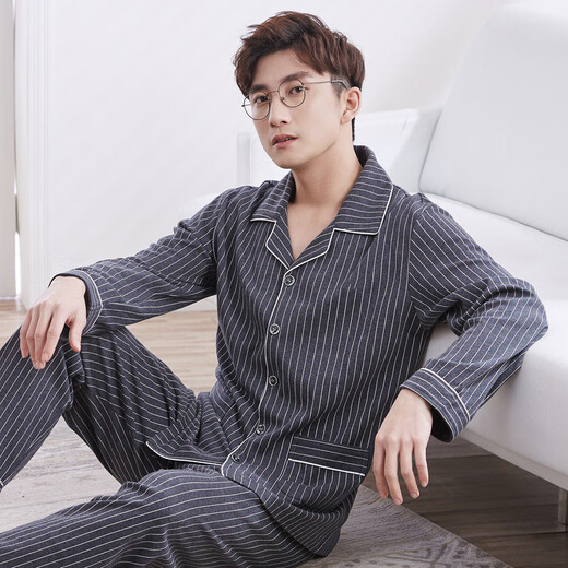 Cat Ren Nian Pajamas Men Summer Summer Spring de manga larga y otoño Estudiante de la solapa para hombres del hogar Juego de solapa de gran tamaño de gran tamaño