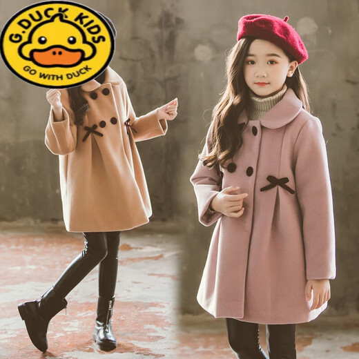 G.DUCKKIDS Girls' Autumn and Winter Style Double-sided Woolen Coat for Medium and Large Children Korean Style Western Style Children's Thickened Woolen Cotton Coat Coat Trendy Pink Bow Woolen Coat 120 Recommended for 6-7 years old