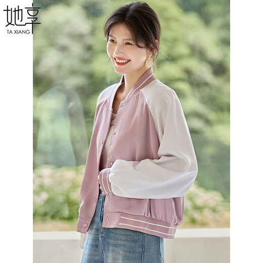 她享休闲外套女美式棒球服短外套复古百搭立领夹克上衣女 T43D076