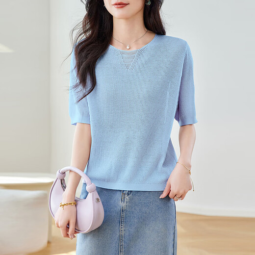 
OLJ Light Luxury Brand T-shirt for women in 2025 summer new striped knitted age-reducing loose design shoulder top gray and blue stripes M 90-105Jin [Jin equals 0.5 kg]