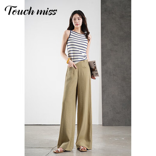 塔驰密司 TOUCH MISS高端时尚透气裤子女2025夏季薄款高腰阔腿裤宽松休闲直筒拖地长裤 米色 27 92-105斤内