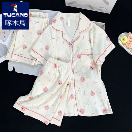 Woodpecker Cute Ruby Pure Cotton Gauze Pajamas for Women in Summer Short Sleeve Three-Piece Set Internet Celebrity Cartoon Outdoor Home Summer Cloud Cotton-J9901# Paradise Puppy Three-Piece Set M [Suggested 75-100Jin [Jin equals 0.5 kg]]
