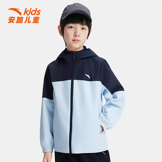 ANTA Jacket Boys 2025 Autumn New Hooded Sports Top Stand Collar Windproof and Water-Repellent Warm Jacket 7601-5 Late Night Blue/Sky Blue 150