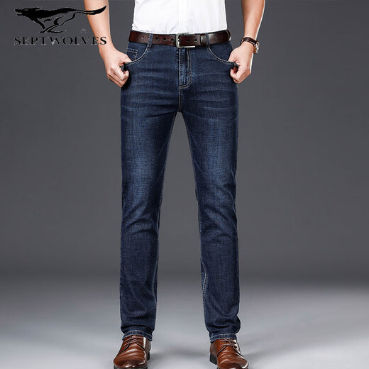 Septwolves 2025 Spring and Autumn New Thick Elastic Business Men's Straight Men's Jeans Trousers Casual Pants in Stock 124HB3882 Dark Blue 32