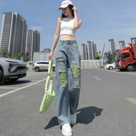 恪信破洞牛仔裤女夏季薄款高腰美拉德高街破洞阔腿牛仔裤女夏季新款刺 复古蓝加长【L9227】 XS