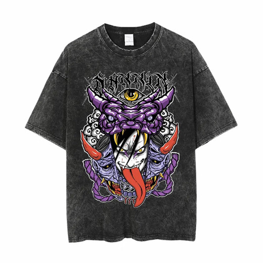 NYCKJK原宿街头服饰水洗火影忍者动漫T恤Naruto棉男夏季短袖复古做旧T B1423水洗黑 B1423水洗黑 S