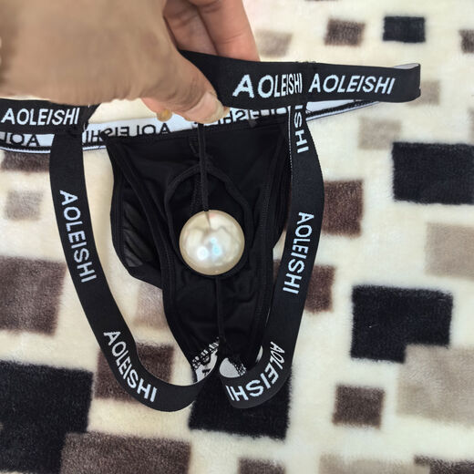 New men's lace thong sexy back hanging massage detachable beads stuffed into transvestite sexy play underwear B style black one size 80-135 Jin Jin equals 0.5 kg