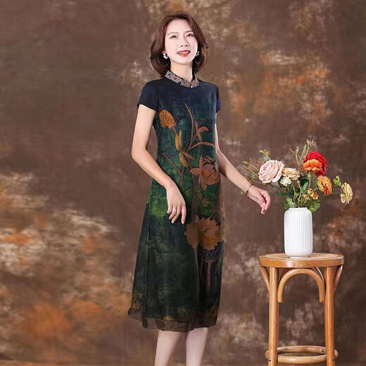 Fan Hao's summer modified cheongsam fragrant cloud sa dress for women's short-sleeved silk over-knee long skirt with large size fat mm slim color 9761 M 95-105Jin [Jin equals 0.5 kg]