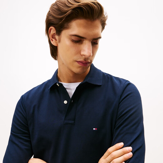 Tommy Hilfiger solid color slim fit autumn and winter men's business casual commuting small embroidered logo lapel long-sleeved T-shirt POLO shirt navy blue DW5 2XL