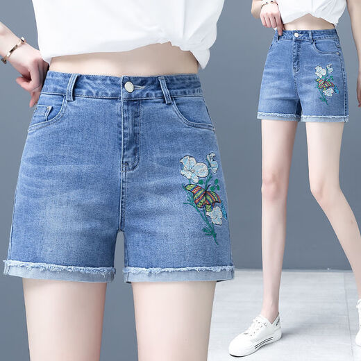 皮尔卡丹（pierre cardin）短裤女夏季新款2025浅色修身显瘦高腰弹力直筒百搭翻边牛仔短裤女 天蓝色 6626款大 花 M 27码/92/102
