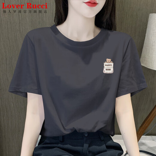 LOVER RUCCI dark gray pure cotton short-sleeved T-shirt for women 2025 new summer fashionable round neck print niche half-sleeved top T-shirt 6197 dark gray regular style (pink print) S 80-100Jin [Jin equals 0.5 kg]