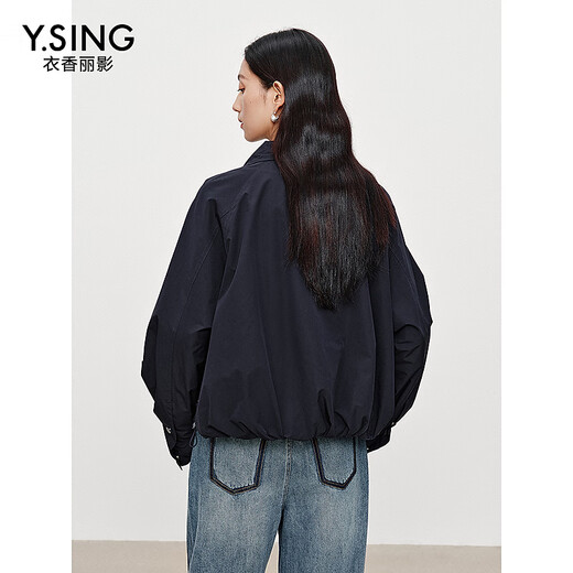 
Yi Xiangliying stand collar windproof drawstring short jacket for women 2025 autumn clothing new fashion design touch work top Navy blue S