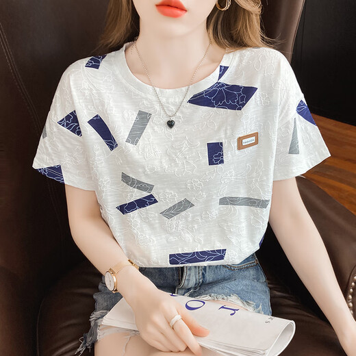 Tum! Reines Baumwoll-Kurzärärt-T-Shirt für Frauen weiße halbe Ärmeln T-Shirt Sommeranzug 2025 NEUE KOREAN LOSSE Women's Summer Top 810 Blue Square + 897 Drei-Farben-Blumen Empfohlen 95 Jin [Jin entspricht 0,5 kg]