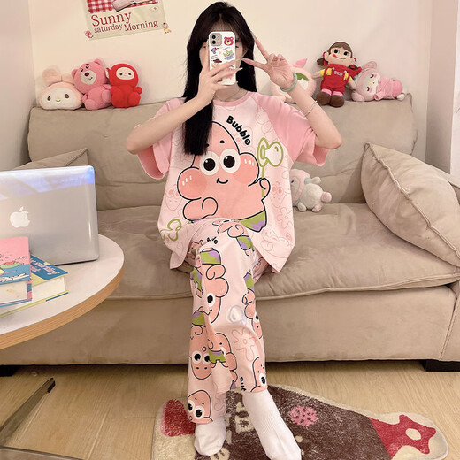 
Junjunsui Dimei pajamas for women in summer 2025 new pure cotton short-sleeved trousers large size cartoon cute student summer home clothing short-length-KAY-88557 L (recommended 90-110Jin [Jin equals 0.5 kg])
