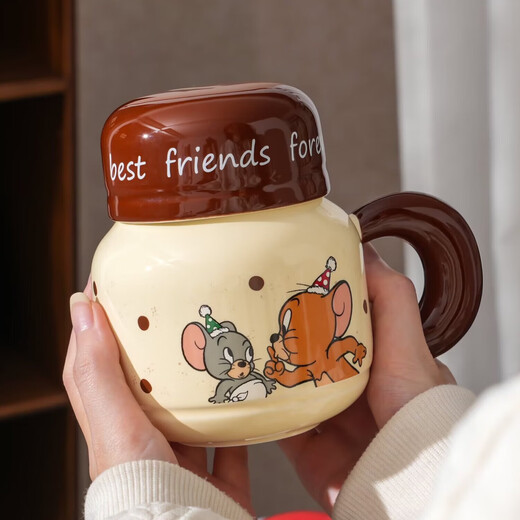 Genuinely authorized Tom and Jerry cartoon ceramic mug for office students with lid, large-capacity children's cute mug, round cup - upright style 1 piece 520ml