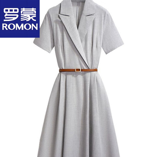 罗蒙（ROMON）通勤正式西装连衣裙夏季2025新款职业收腰气质短袖裙子 灰色 S