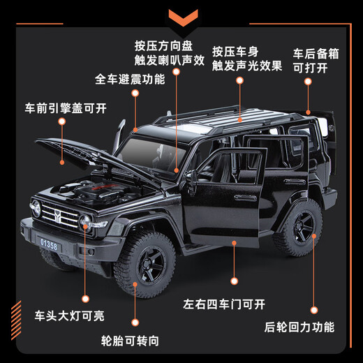 中麦微1:24坦克300钥匙版合金越野车模型声光回力汽车摆件儿童玩具车礼 1:24坦克300--遥控橙