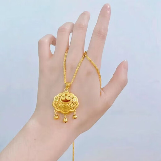 VZZS gold store same style safe lock melon seed buckle gold lock pendant sand gold necklace blessing word gold lock clavicle chain fake gold necklace Chopin chain melon seed buckle middle lock free counter gift box
