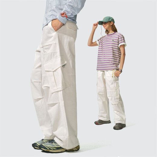 Instant Monterest Mountain Outdoor Loose Drawstring Straight Working Pants Paratrooper Pants Casual Trousers Women Ivory White S (WS)