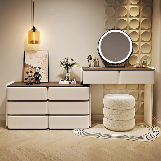 Fantasy Dressing Table Bedroom Feel Drawer Cabinet One-piece Solid Wood Dressing Table Drawer Cabinet One-piece Bedroom 2025 New Modern 80cm Table + Cabinet + Smart Mirror + Pier Stool Three Drawer Cabinet - White Slate Countertop