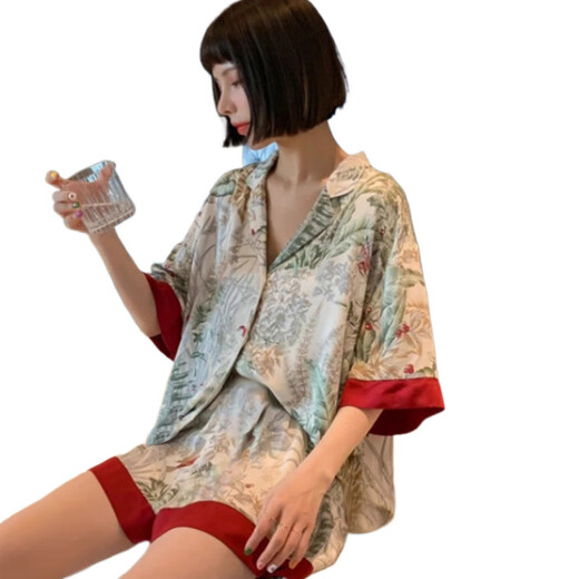 UKUHPKins春秋冰丝短袖短裤睡衣女夏季感休闲可外穿家居服套装 套LW9214【丝滑凉感型】 M 【建议80-100斤】