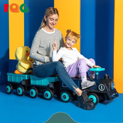 IQG品牌儿童电动车四轮遥控汽车男孩小孩宝宝玩具车小火车玩具 电动款-蓝色火车头+1节蓝色车厢