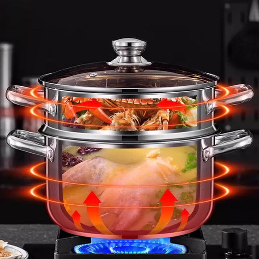 Double-layered steamer, stainless steel upper and lower steamer, steamed buns and noodles, induction cooker, gas stove, universal soup pot steamer, stainless steel, 2 layers, 18cm