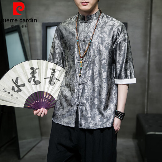 
Pierre cardin ice silk Tang suit Chinese style summer thin short-sleeved shirt men's retro loose Hanfu large-size five-point sleeve shirt A686 yellow 4XL 180-200Jin [Jin equals 0.5 kg]