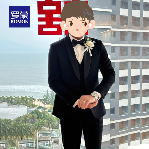 ROMON wedding suit groom wedding suit men's slim green fruit collar formal tuxedo evening dress black green fruit collar suit + trousers + vest + gift 4XL recommended 165-180Jin Jin equals 0.5 kg
