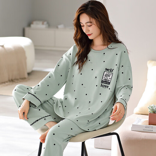 Platino große Pyjamas für Frauen 200 Jin [Jin entspricht 0,5 kg] plus Fett plus große Langschläuche 6xl Special Frühling und Herbst reines Baumwollfett MM Hellgrün 2025 Herbst- und Winter-NJR-Knc9207 L gleich groß