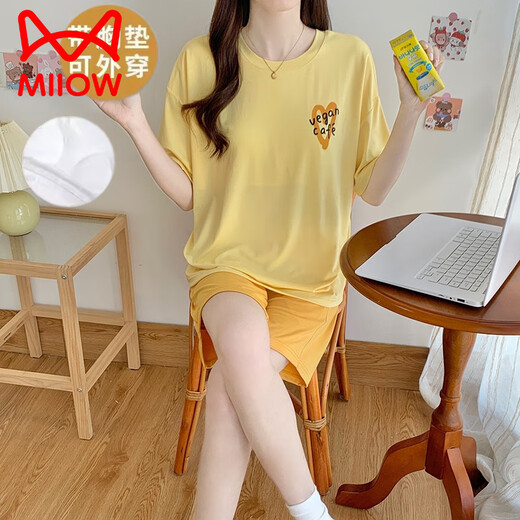 猫人（MiiOW）莫代尔睡衣女夏季短袖小熊带胸垫可爱少女冰蚕丝居家服大码休闲套 高质量12611 M 女(70-95斤)