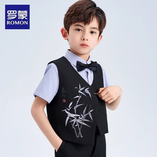Romon boys dress suit summer suit children's national style new Chinese embroidered vest handsome performance costume black 150