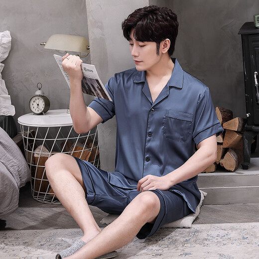 UKUHPK summer men's ice silk pajamas short-sleeved shorts suit thin home clothes cardigan 9864-gray blue L (100-125Jin[Jin equals 0.5 kg])