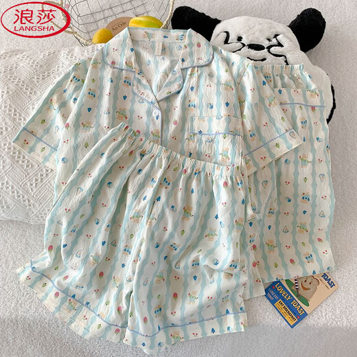 浪莎（LangSha）三件套樱桃小熊睡衣女夏季短袖可爱卡通宽松云朵棉夏天家居服套装 JS-9902#星星KT猫-三件套 短袖上 M 码 155-162 体重100斤内