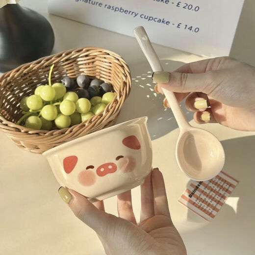 Good-looking puppy and piggy ceramic bowl cute girl rice bowl ins household underglaze color macaron tableware soup bowl pink piggy one bowl one spoon recommended model