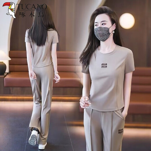 Woodpecker Fashion Sportswear Set for Women 2025 Summer New Fashionable and Fashionable Casual Age Reducing Professional Wide Leg Pants Two-piece Set Light and Coffee Color [Top + Pants] Set Thin M [Suggestions 80-95]
