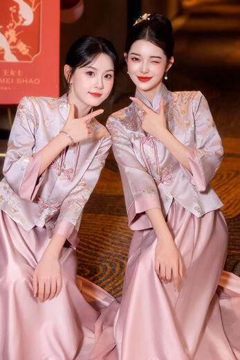 New Chinese bridesmaid dress pink 2025 new long-sleeved sister group cheongsam engagement dress daily wearable in autumn and winter Pink-Crane Gold-A Style L 100-110Jin Jin equals 0.5 kg