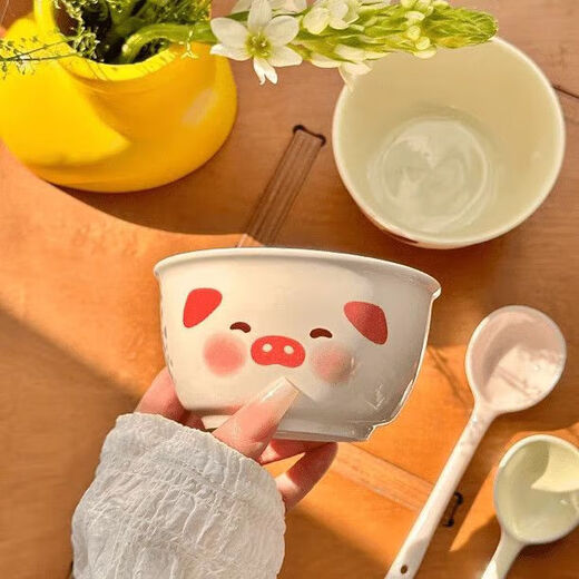 Good-looking puppy and piggy ceramic bowl cute girl rice bowl ins household underglaze color macaron tableware soup bowl pink piggy one bowl one spoon recommended model