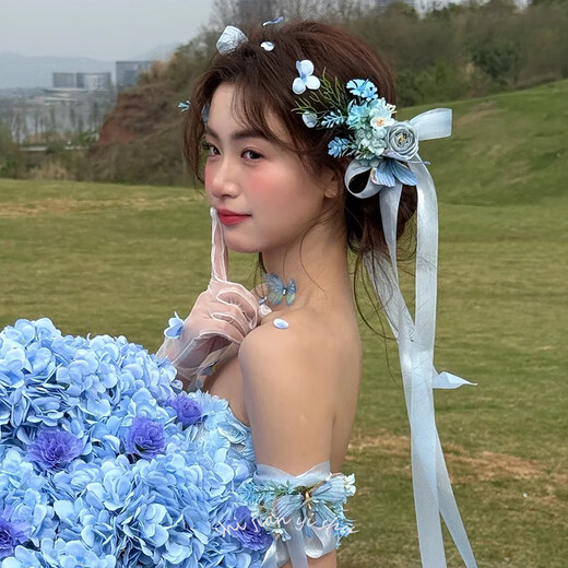 YWZR新娘头饰甜美蓝色花朵飘带发夹仙美结婚礼服发饰婚纱礼服跟妆配饰 手套