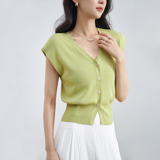 Xiran 2025 Sommer Neues französisches Design Weste ärmellose Strickjacke für Frauen Temperament Slim Top Bean Green S