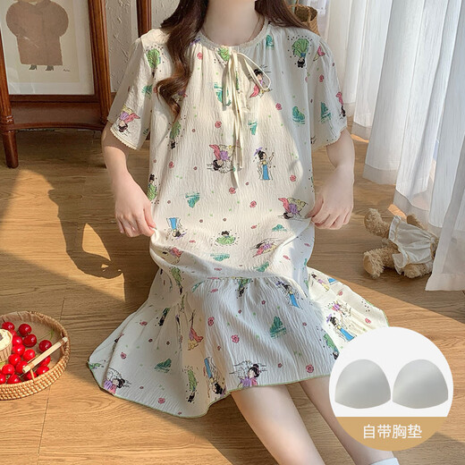 Victoria's style pajamas with chest pad for women in summer 2025 new loose and cute Korean style floral nightgown mid-length home clothing large size M16862 [with chest pad] M