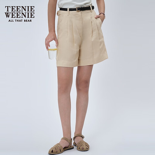 Teenie Weenie【亚麻】小熊女装2025夏季新款薄款休闲裤短裤阔腿裤 浅卡其色 L