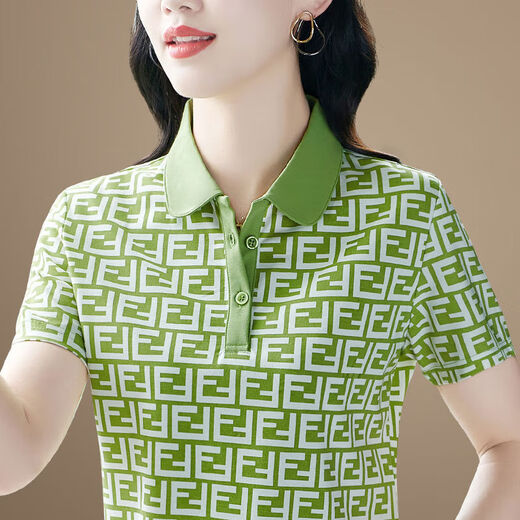 洋气妈妈翻领短袖t恤女士夏季2024新款宽松显瘦POLO衫女印花上衣 829-粉色 829-粉色 M 【建议85-100斤】