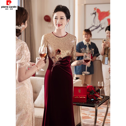 Pierre Cardin Noble Mother-in-Law Wedding Dress Women's Autumn Small Middle-aged Mother's M Dress Waist Slimming Fishtail Burgundy M Recommended 75-95 Jin Jin equals 0.5 kg